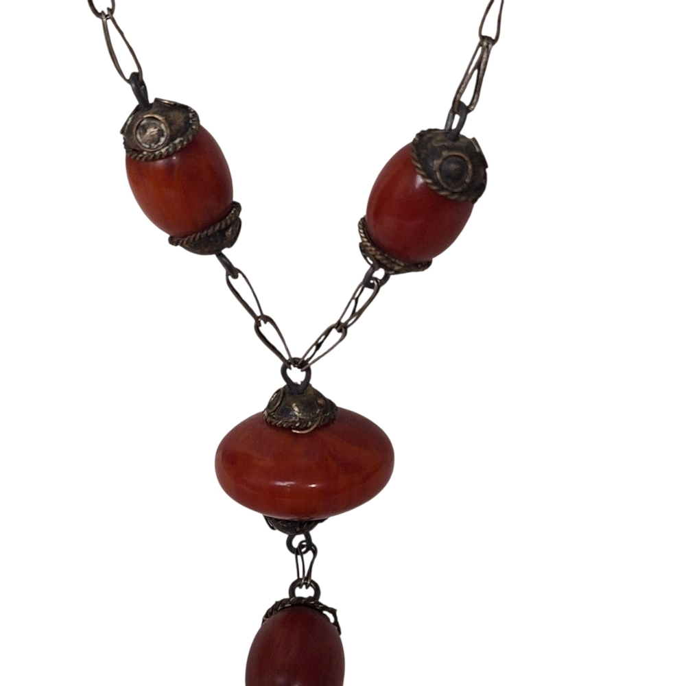 Vtg Cherry Red Bakelite Beaded Station Necklace 32" 100g Silver Tone Chain - Picture 2 of 12